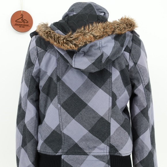 Roxy Gray Checkered Bomber Jacket Size Medium - Picture 7 of 11